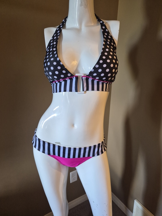Other - Polka Dot & Stripe Halter Bikini Set in Black and Hot Pink